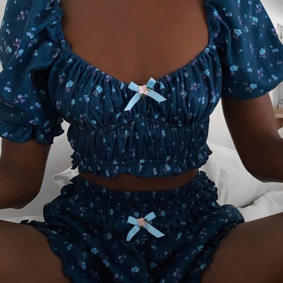 For Love And Lemons Lola Pointelle Shorts Blue Floral Small NEW - Picture 4 of 5